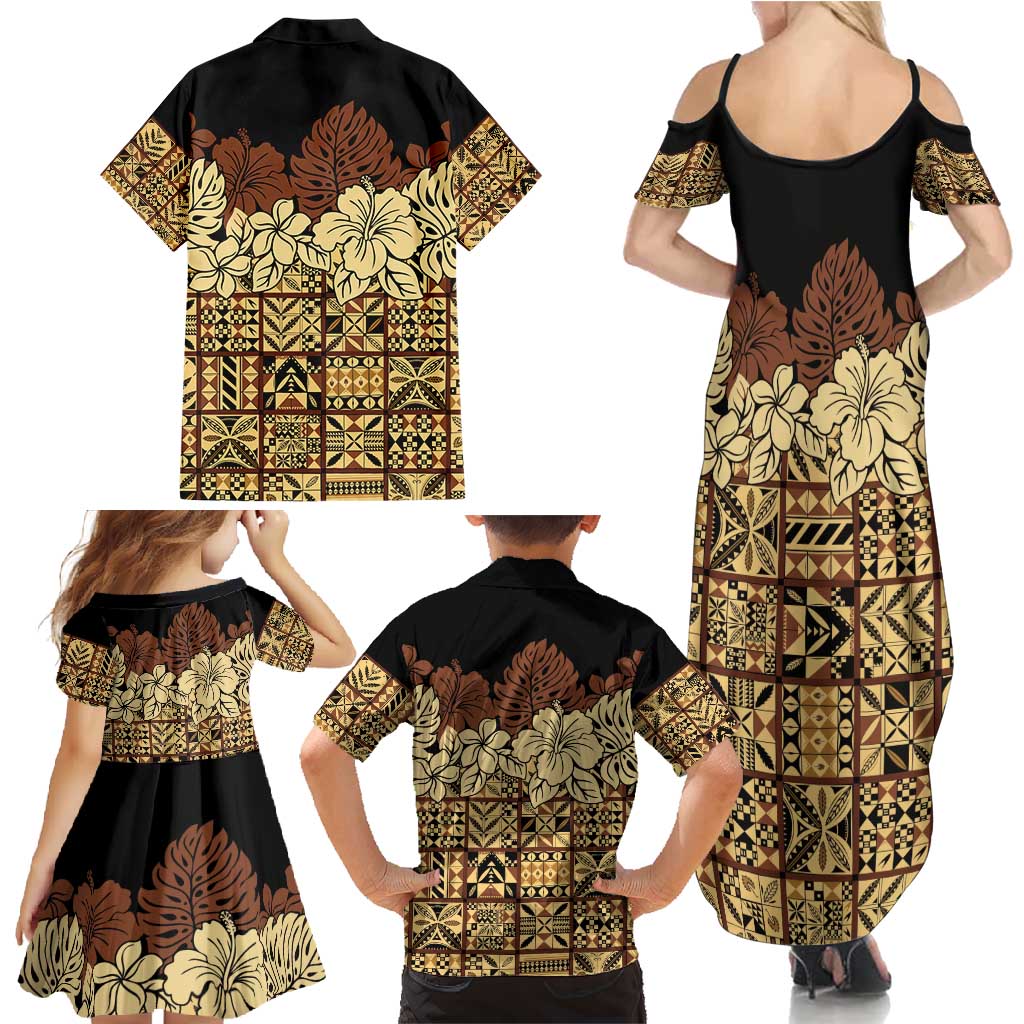 Niue Hiapo Motif Family Matching Summer Maxi Dress and Hawaiian Shirt Tapa Classic - Black Ver LT7 - Polynesian Pride