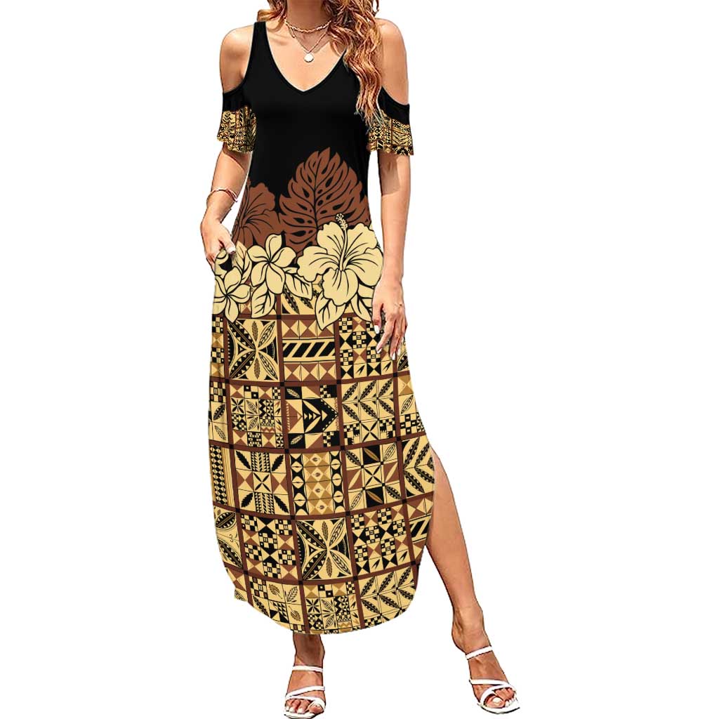 Niue Hiapo Motif Family Matching Summer Maxi Dress and Hawaiian Shirt Tapa Classic - Black Ver LT7 Mom's Dress Black - Polynesian Pride