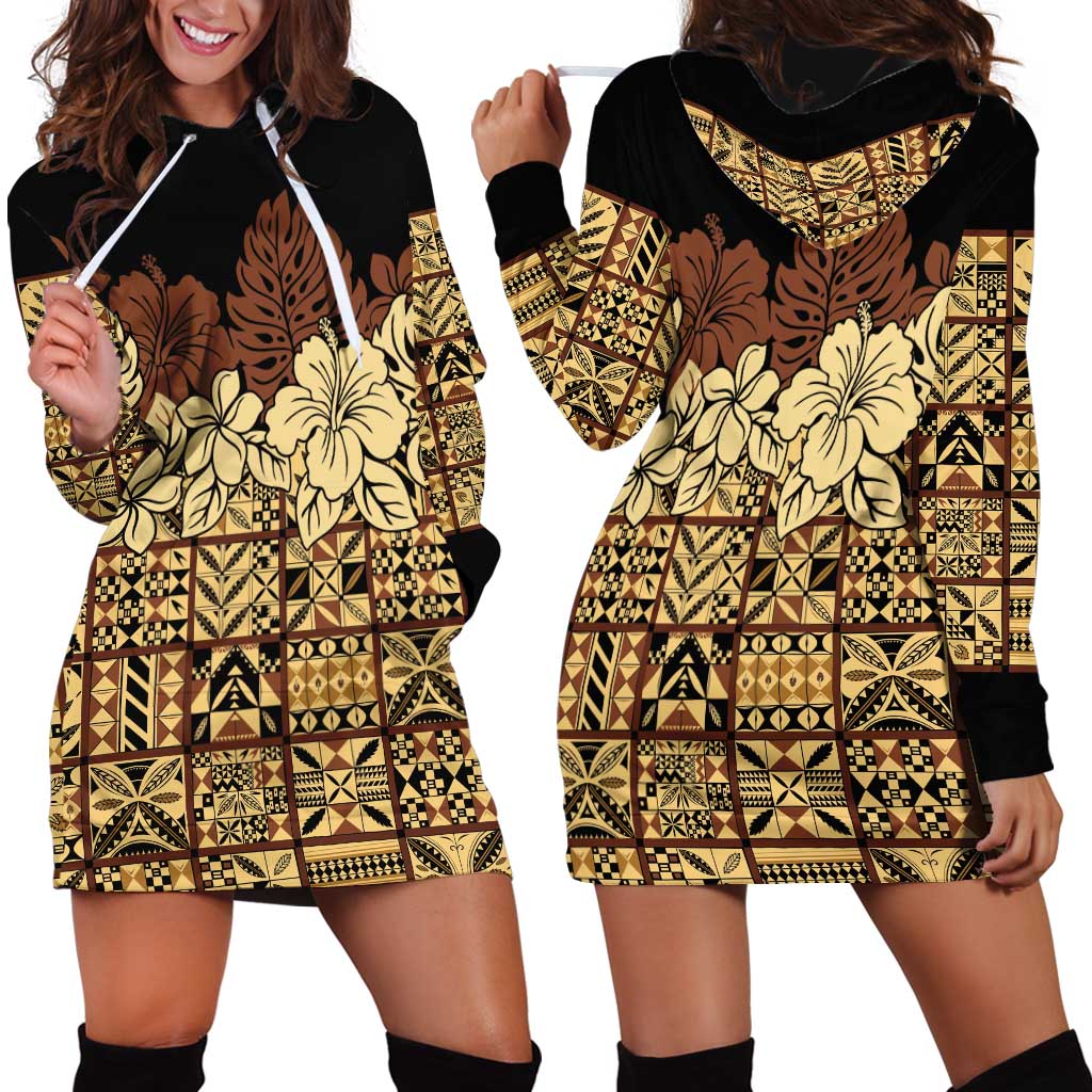 Niue Hiapo Motif Hoodie Dress Tapa Classic - Black Ver LT7 - Polynesian Pride