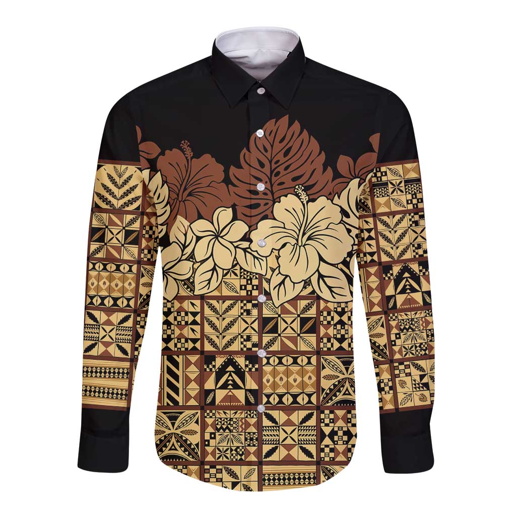 Niue Hiapo Motif Long Sleeve Button Shirt Tapa Classic - Black Ver LT7 Unisex Black - Polynesian Pride