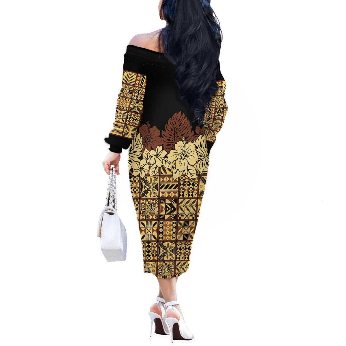 Niue Hiapo Motif Off The Shoulder Long Sleeve Dress Tapa Classic - Black Ver LT7 - Polynesian Pride