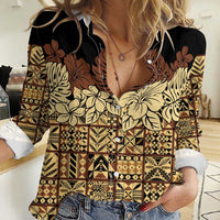 Niue Hiapo Motif Women Casual Shirt Tapa Classic - Black Ver LT7 Female Black - Polynesian Pride
