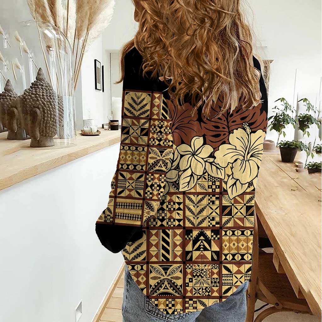 Niue Hiapo Motif Women Casual Shirt Tapa Classic - Black Ver LT7 - Polynesian Pride