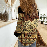 Niue Hiapo Motif Women Casual Shirt Tapa Classic - Black Ver LT7 - Polynesian Pride