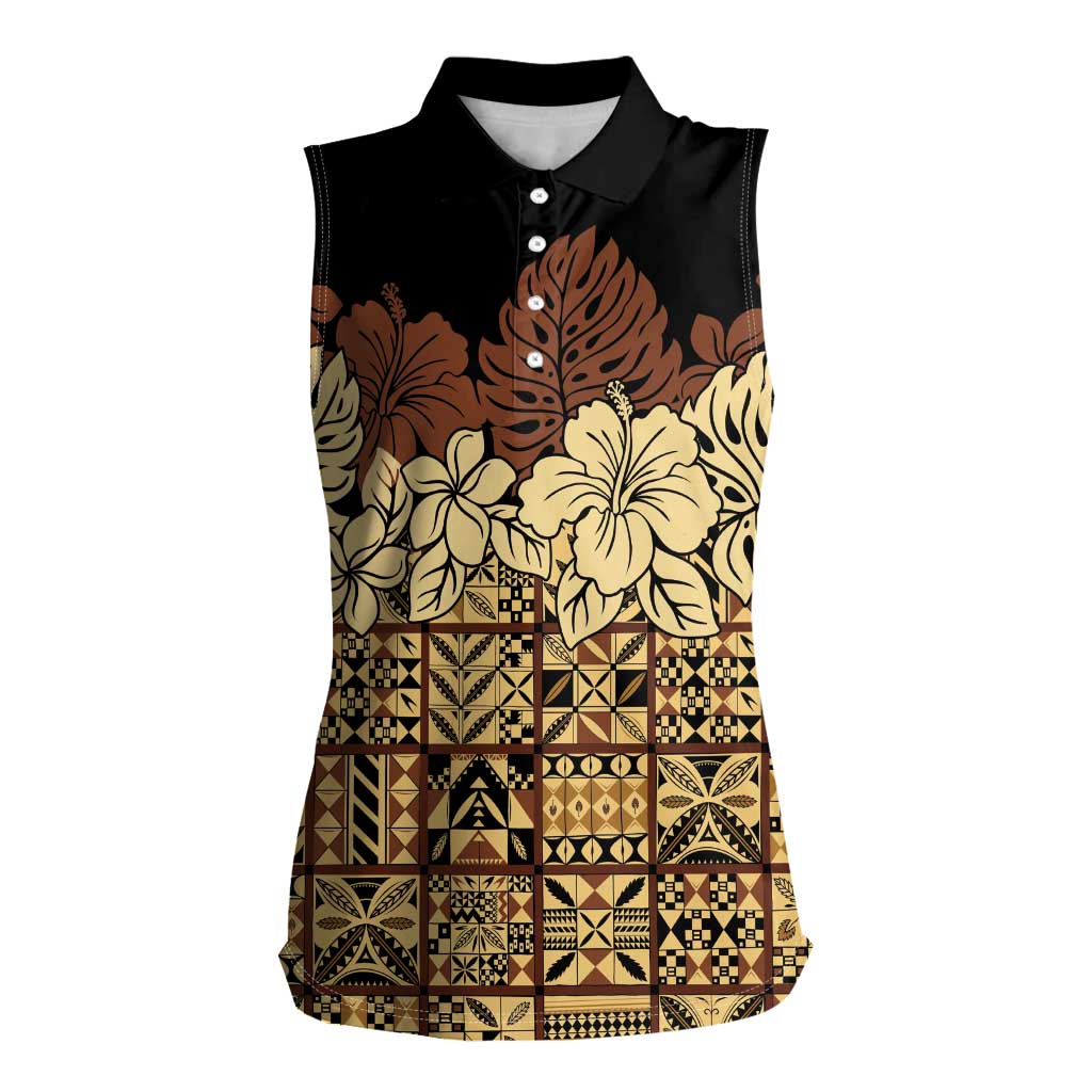 Niue Hiapo Motif Women Sleeveless Polo Shirt Tapa Classic - Black Ver LT7 Female Black - Polynesian Pride