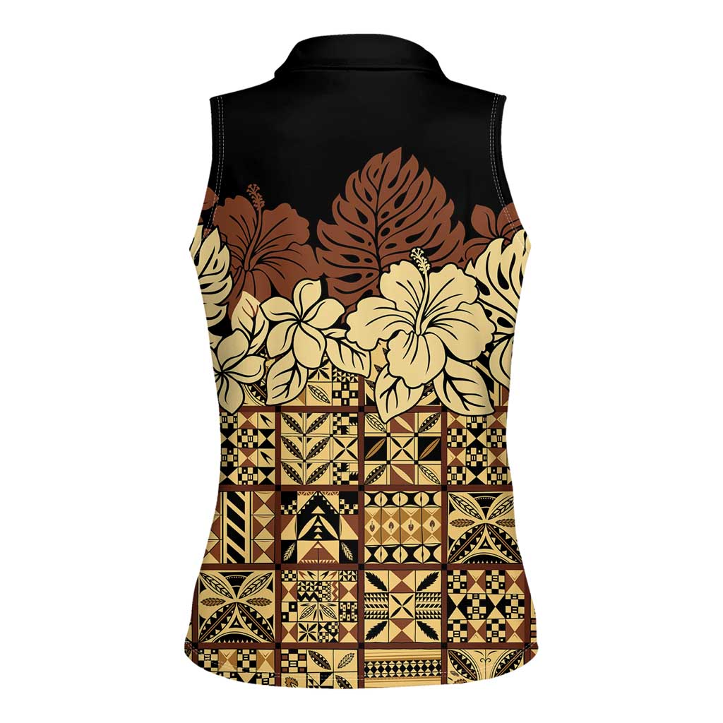 Niue Hiapo Motif Women Sleeveless Polo Shirt Tapa Classic - Black Ver LT7 - Polynesian Pride