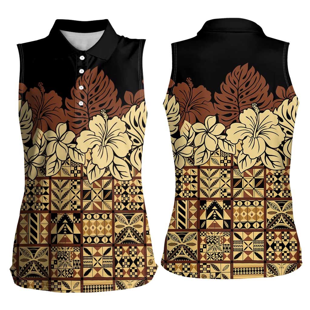 Niue Hiapo Motif Women Sleeveless Polo Shirt Tapa Classic - Black Ver LT7 - Polynesian Pride