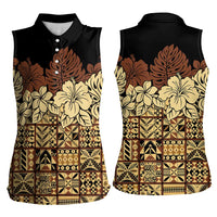 Niue Hiapo Motif Women Sleeveless Polo Shirt Tapa Classic - Black Ver LT7 - Polynesian Pride