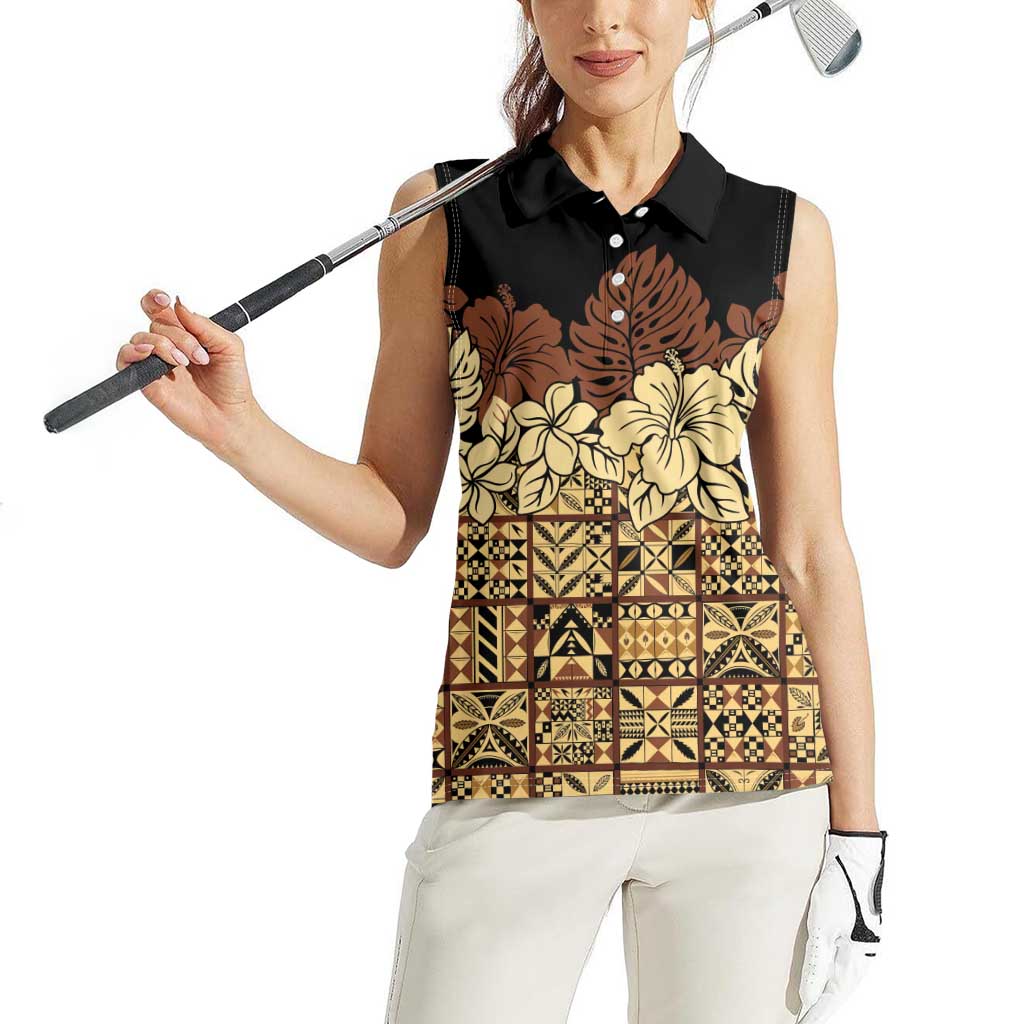 Niue Hiapo Motif Women Sleeveless Polo Shirt Tapa Classic - Black Ver LT7 - Polynesian Pride