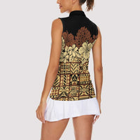 Niue Hiapo Motif Women Sleeveless Polo Shirt Tapa Classic - Black Ver LT7 - Polynesian Pride