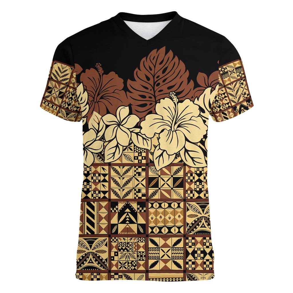 Niue Hiapo Motif Women V-Neck T-Shirt Tapa Classic - Black Ver LT7 Female Black - Polynesian Pride