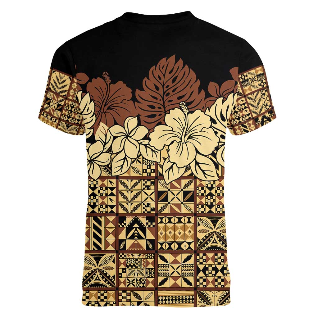 Niue Hiapo Motif Women V-Neck T-Shirt Tapa Classic - Black Ver LT7 - Polynesian Pride