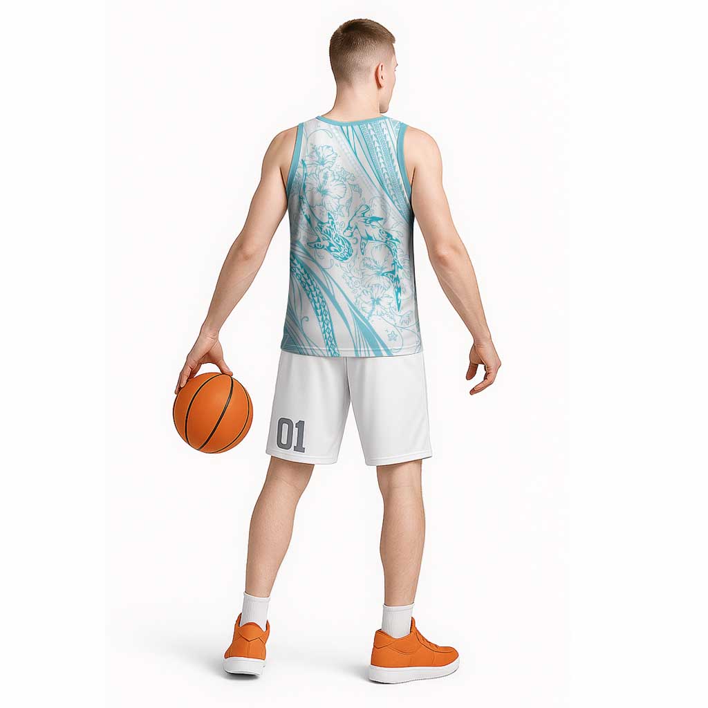 Sharks Couple Dreamy Polynesians Floral Sea Basketball Jersey Turquoise - Polynesian Pride