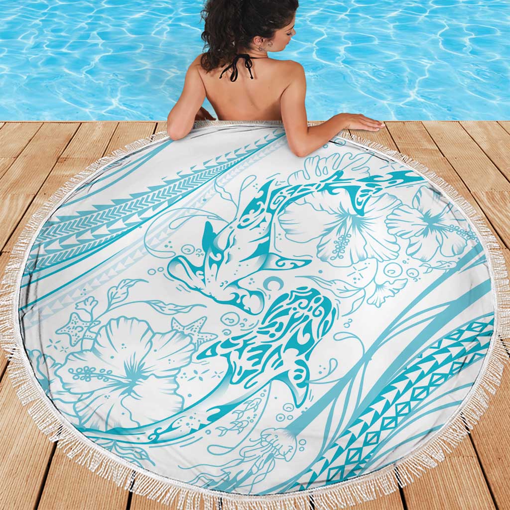 Sharks Couple Dreamy Polynesians Floral Sea Beach Blanket Turquoise - Polynesian Pride