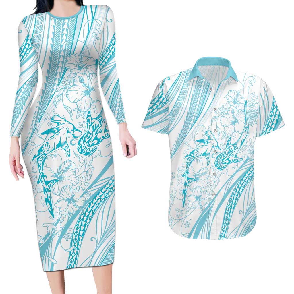 Sharks Couple Dreamy Polynesians Floral Sea Couples Matching Long Sleeve Bodycon Dress and Hawaiian Shirt Turquoise LT7 Turquoise - Polynesian Pride