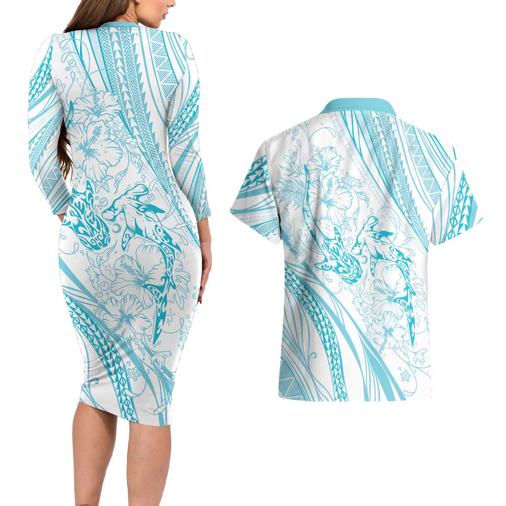 Sharks Couple Dreamy Polynesians Floral Sea Couples Matching Long Sleeve Bodycon Dress and Hawaiian Shirt Turquoise LT7 - Polynesian Pride