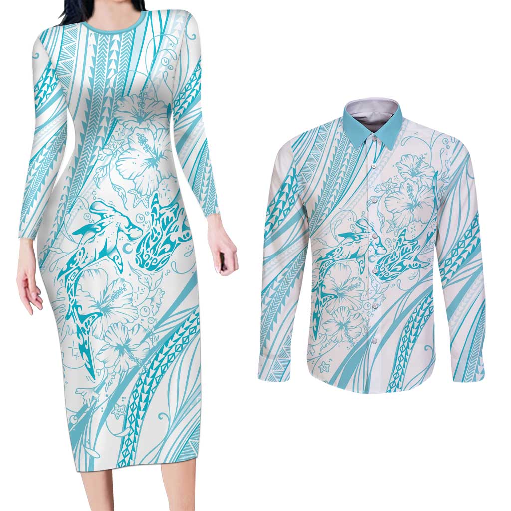 Sharks Couple Dreamy Polynesians Floral Sea Couples Matching Long Sleeve Bodycon Dress and Long Sleeve Button Shirt Turquoise LT7 Turquoise - Polynesian Pride