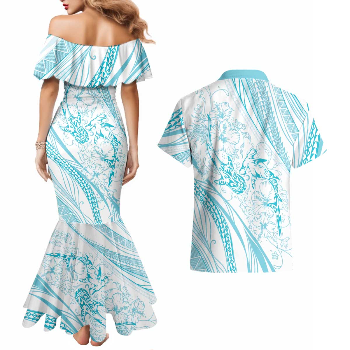 Sharks Couple Dreamy Polynesians Floral Sea Couples Matching Mermaid Dress and Hawaiian Shirt Turquoise LT7 - Polynesian Pride