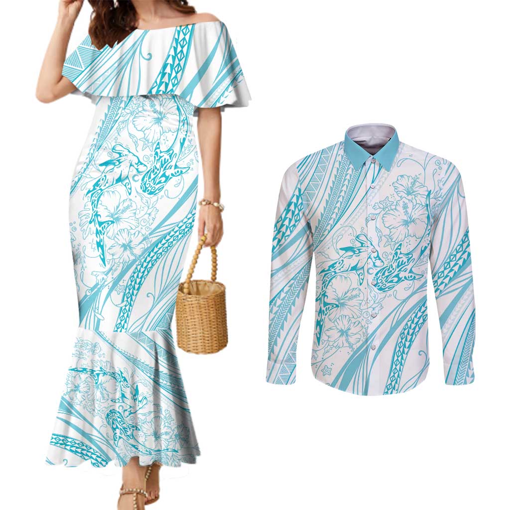 Sharks Couple Dreamy Polynesians Floral Sea Couples Matching Mermaid Dress and Long Sleeve Button Shirt Turquoise LT7 Turquoise - Polynesian Pride