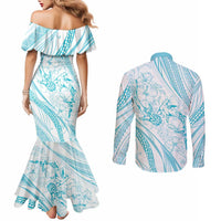 Sharks Couple Dreamy Polynesians Floral Sea Couples Matching Mermaid Dress and Long Sleeve Button Shirt Turquoise LT7 - Polynesian Pride