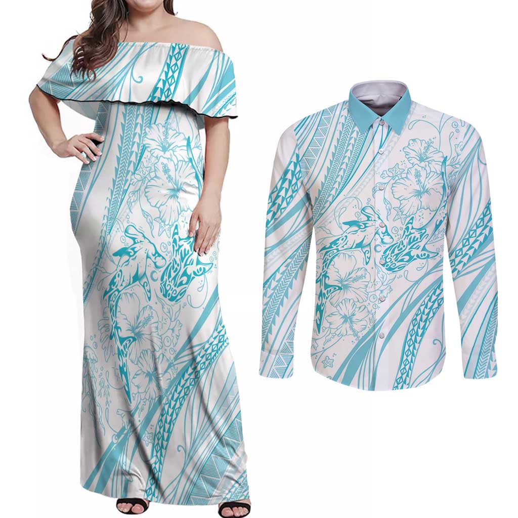 Sharks Couple Dreamy Polynesians Floral Sea Couples Matching Off Shoulder Maxi Dress and Long Sleeve Button Shirt Turquoise LT7 Turquoise - Polynesian Pride