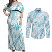 Sharks Couple Dreamy Polynesians Floral Sea Couples Matching Off Shoulder Maxi Dress and Long Sleeve Button Shirt Turquoise LT7 Turquoise - Polynesian Pride