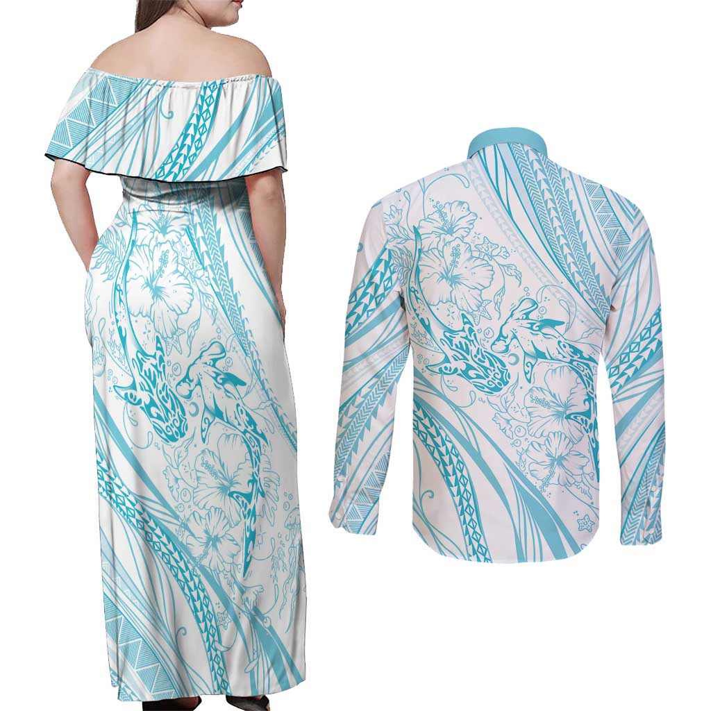 Sharks Couple Dreamy Polynesians Floral Sea Couples Matching Off Shoulder Maxi Dress and Long Sleeve Button Shirt Turquoise LT7 - Polynesian Pride