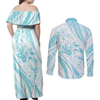 Sharks Couple Dreamy Polynesians Floral Sea Couples Matching Off Shoulder Maxi Dress and Long Sleeve Button Shirt Turquoise LT7 - Polynesian Pride
