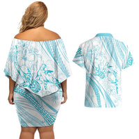 Sharks Couple Dreamy Polynesians Floral Sea Couples Matching Off Shoulder Short Dress and Hawaiian Shirt Turquoise LT7 - Polynesian Pride