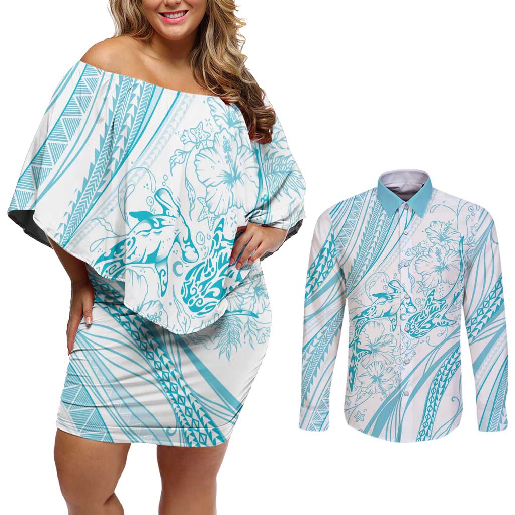 Sharks Couple Dreamy Polynesians Floral Sea Couples Matching Off Shoulder Short Dress and Long Sleeve Button Shirt Turquoise LT7 Turquoise - Polynesian Pride