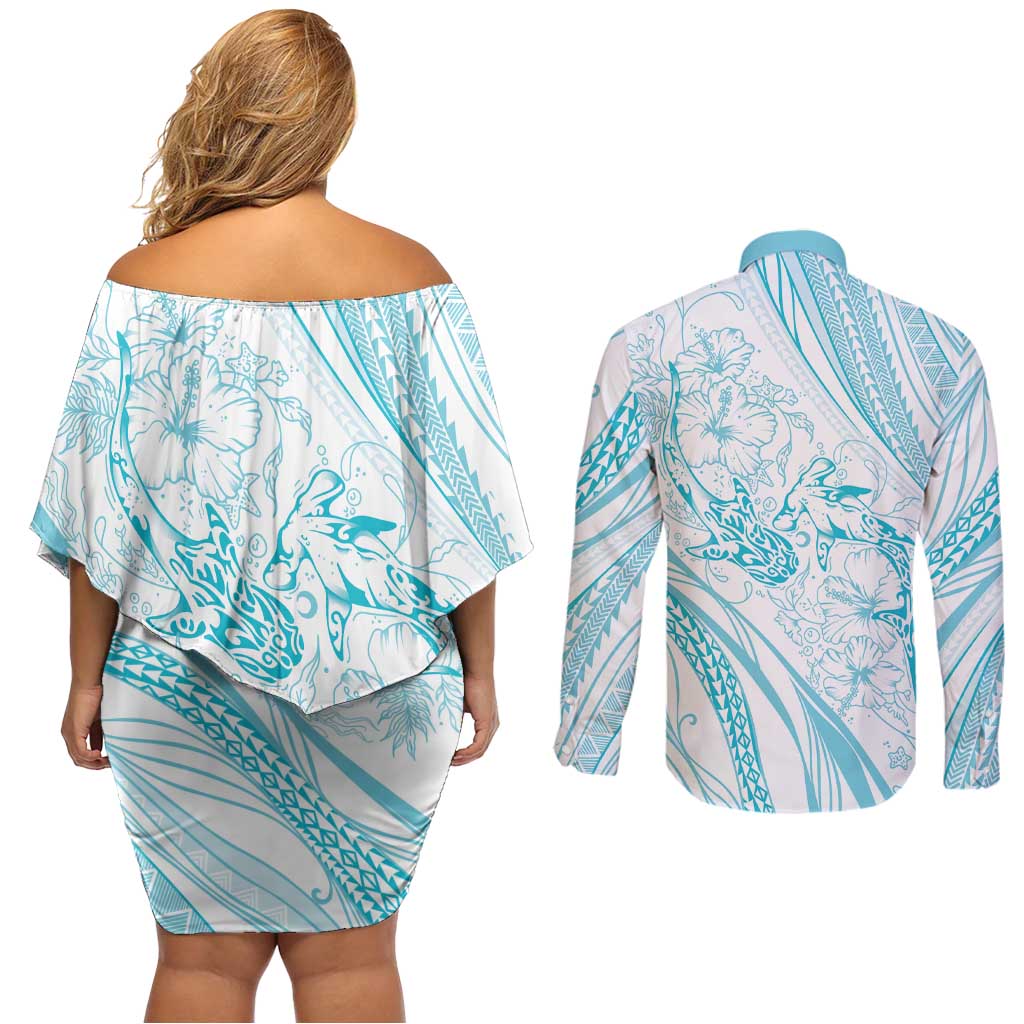 Sharks Couple Dreamy Polynesians Floral Sea Couples Matching Off Shoulder Short Dress and Long Sleeve Button Shirt Turquoise LT7 - Polynesian Pride