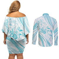 Sharks Couple Dreamy Polynesians Floral Sea Couples Matching Off Shoulder Short Dress and Long Sleeve Button Shirt Turquoise LT7 - Polynesian Pride