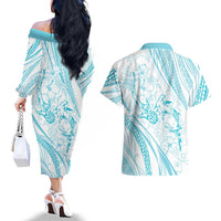 Sharks Couple Dreamy Polynesians Floral Sea Couples Matching Off The Shoulder Long Sleeve Dress and Hawaiian Shirt Turquoise LT7 - Polynesian Pride