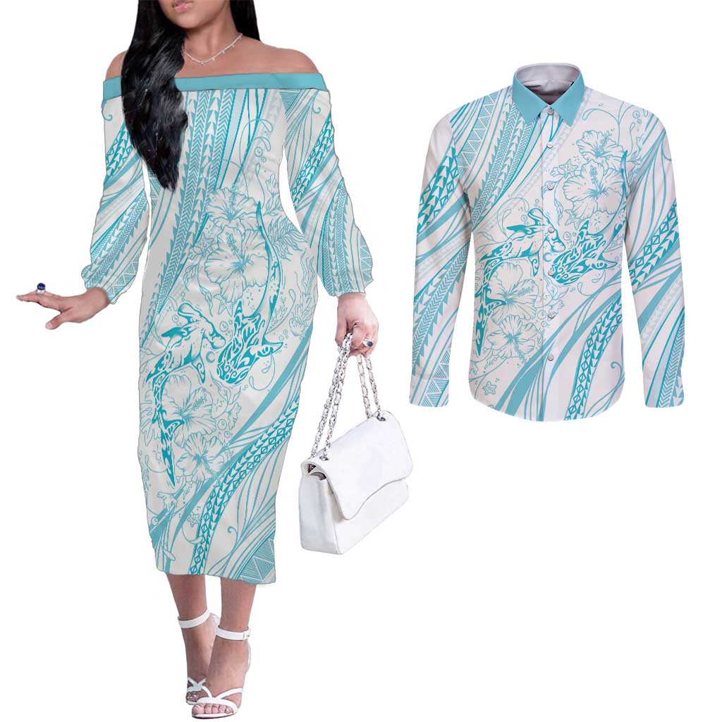 Sharks Couple Dreamy Polynesians Floral Sea Couples Matching Off The Shoulder Long Sleeve Dress and Long Sleeve Button Shirt Turquoise LT7 Turquoise - Polynesian Pride