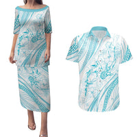 Sharks Couple Dreamy Polynesians Floral Sea Couples Matching Puletasi and Hawaiian Shirt Turquoise LT7 Turquoise - Polynesian Pride