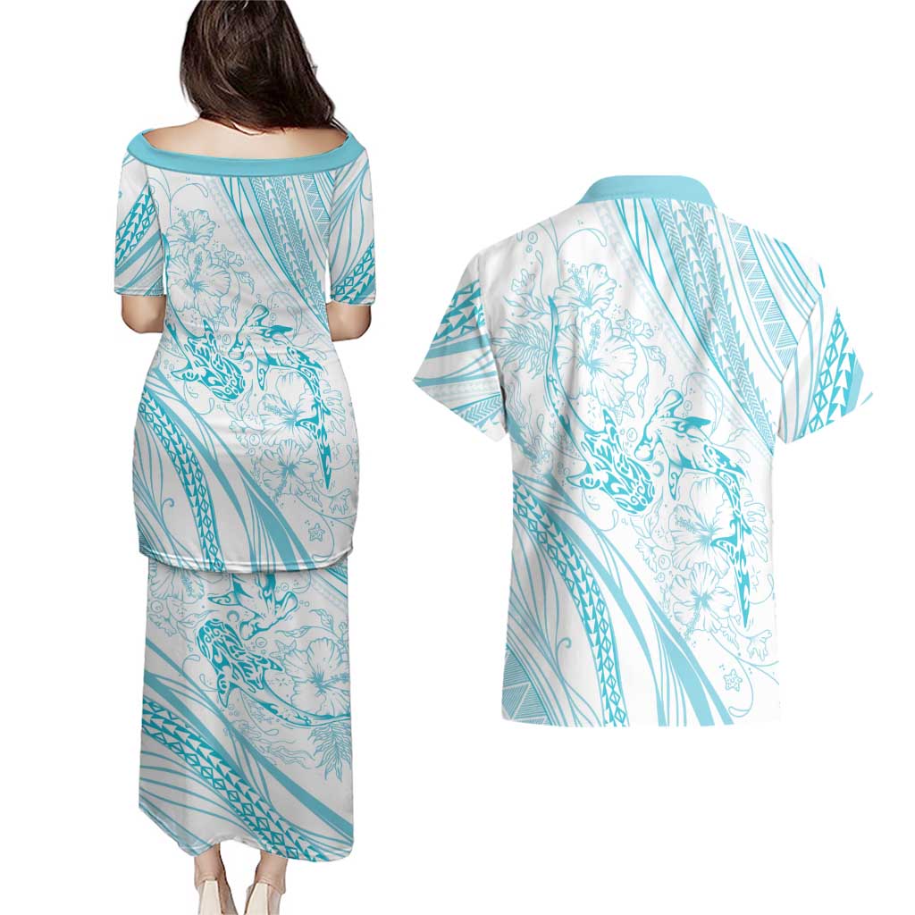 Sharks Couple Dreamy Polynesians Floral Sea Couples Matching Puletasi and Hawaiian Shirt Turquoise LT7 - Polynesian Pride