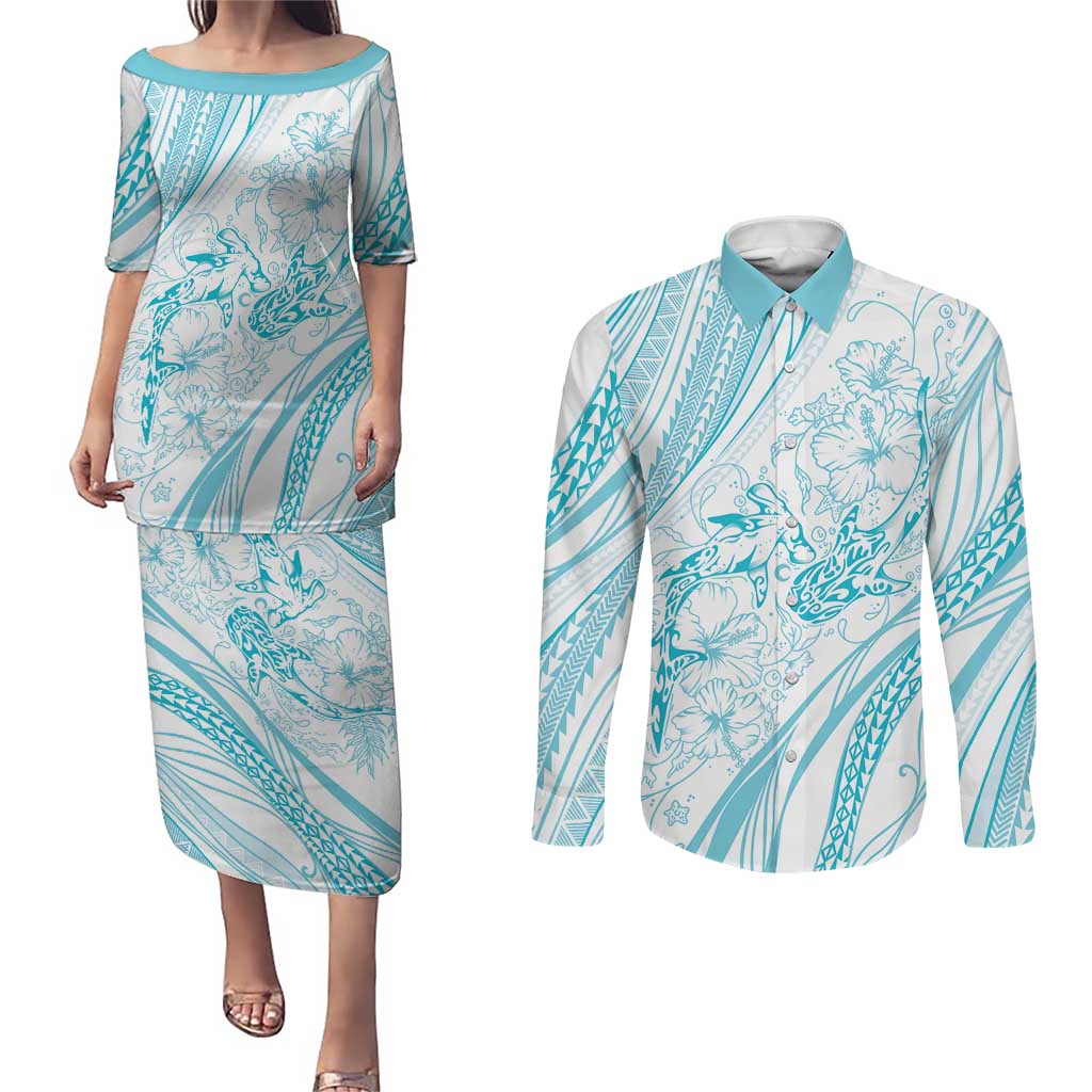 Sharks Couple Dreamy Polynesians Floral Sea Couples Matching Puletasi and Long Sleeve Button Shirt Turquoise LT7 Turquoise - Polynesian Pride