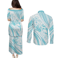 Sharks Couple Dreamy Polynesians Floral Sea Couples Matching Puletasi and Long Sleeve Button Shirt Turquoise LT7 - Polynesian Pride