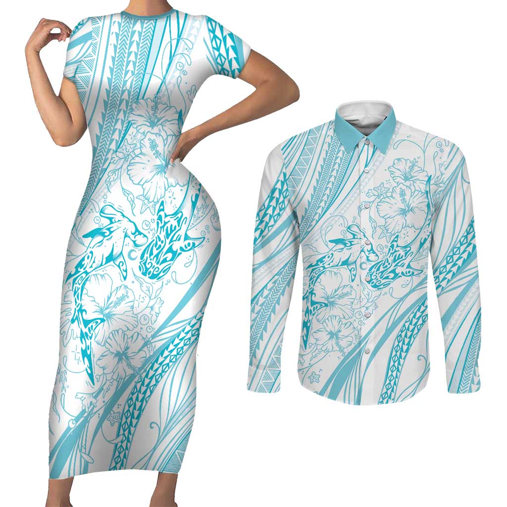 Sharks Couple Dreamy Polynesians Floral Sea Couples Matching Short Sleeve Bodycon Dress and Long Sleeve Button Shirt Turquoise LT7 Turquoise - Polynesian Pride