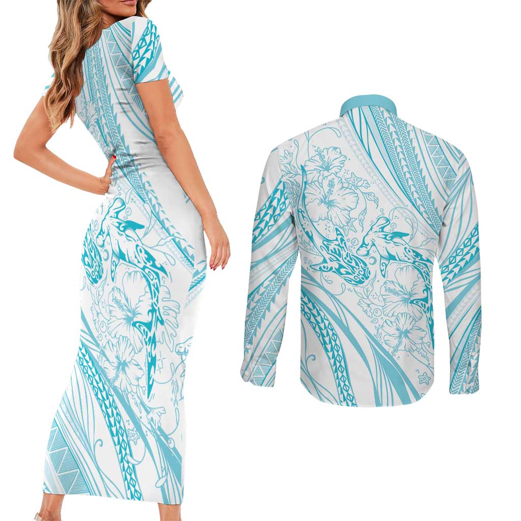 Sharks Couple Dreamy Polynesians Floral Sea Couples Matching Short Sleeve Bodycon Dress and Long Sleeve Button Shirt Turquoise LT7 - Polynesian Pride