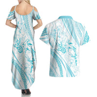 Sharks Couple Dreamy Polynesians Floral Sea Couples Matching Summer Maxi Dress and Hawaiian Shirt Turquoise LT7 - Polynesian Pride