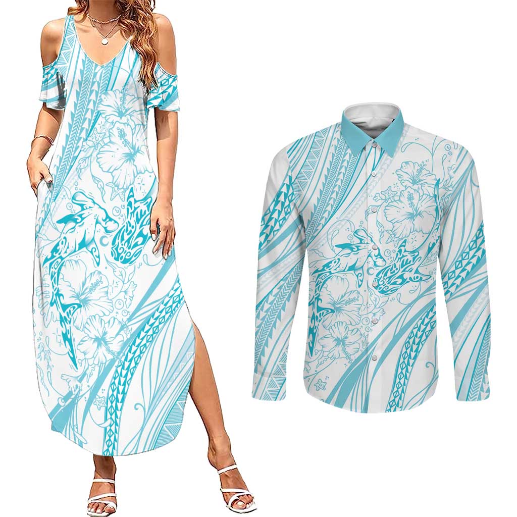 Sharks Couple Dreamy Polynesians Floral Sea Couples Matching Summer Maxi Dress and Long Sleeve Button Shirt Turquoise LT7 Turquoise - Polynesian Pride