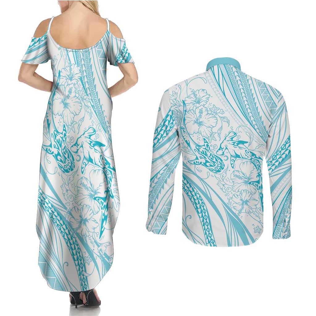 Sharks Couple Dreamy Polynesians Floral Sea Couples Matching Summer Maxi Dress and Long Sleeve Button Shirt Turquoise LT7 - Polynesian Pride