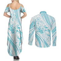 Sharks Couple Dreamy Polynesians Floral Sea Couples Matching Summer Maxi Dress and Long Sleeve Button Shirt Turquoise LT7 - Polynesian Pride
