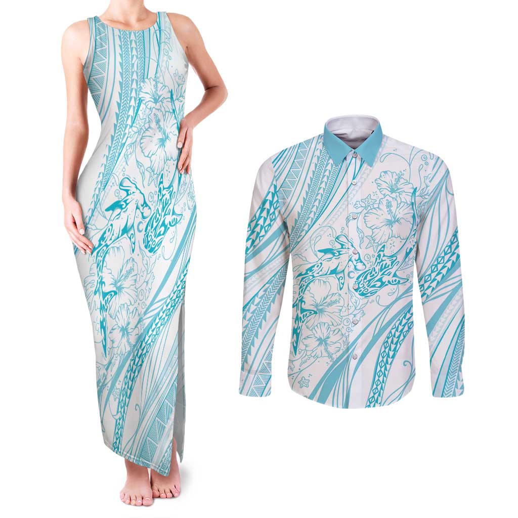 Sharks Couple Dreamy Polynesians Floral Sea Couples Matching Tank Maxi Dress and Long Sleeve Button Shirt Turquoise LT7 Turquoise - Polynesian Pride