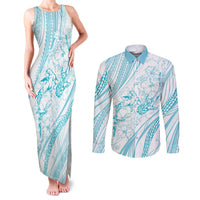 Sharks Couple Dreamy Polynesians Floral Sea Couples Matching Tank Maxi Dress and Long Sleeve Button Shirt Turquoise LT7 Turquoise - Polynesian Pride