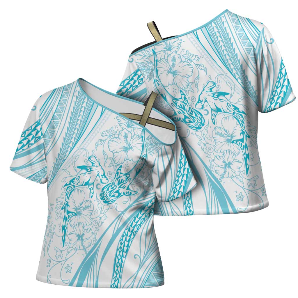 Sharks Couple Dreamy Polynesians Floral Sea Cross Shoulder Shirt Turquoise - Polynesian Pride