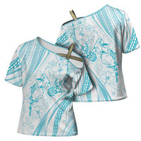 Sharks Couple Dreamy Polynesians Floral Sea Cross Shoulder Shirt Turquoise - Polynesian Pride