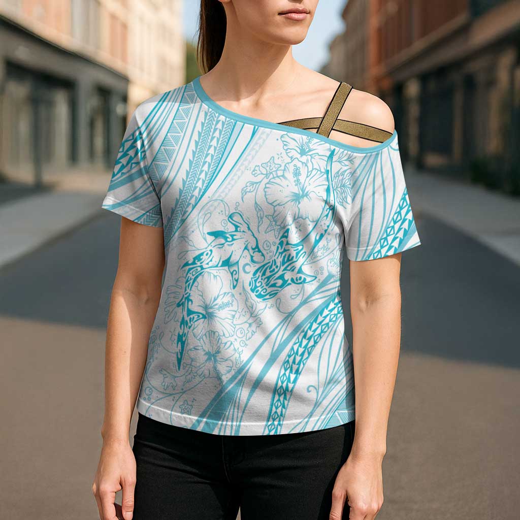 Sharks Couple Dreamy Polynesians Floral Sea Cross Shoulder Shirt Turquoise - Polynesian Pride