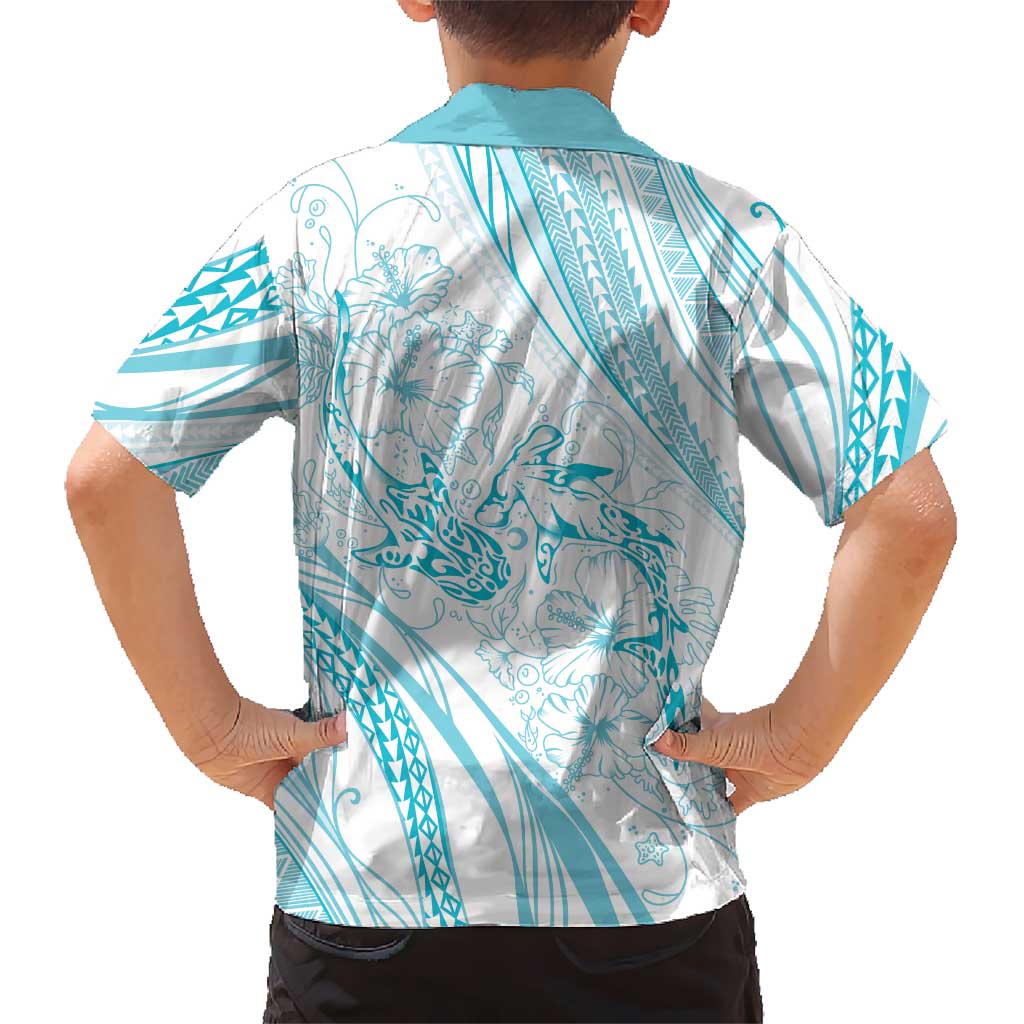 Sharks Couple Dreamy Polynesians Floral Sea Family Matching Long Sleeve Bodycon Dress and Hawaiian Shirt Turquoise LT7 - Polynesian Pride